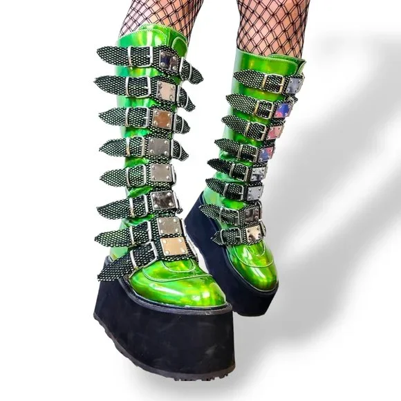 Sold-Demonia acid green glow in the dark mega platform knee-high boots size 7 US - Picture 2 of 10